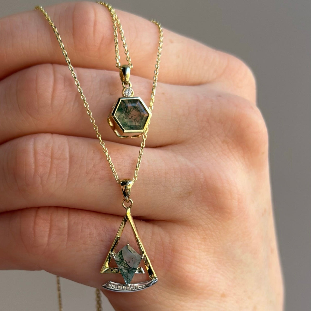Hexagon Moss Agate Necklace | 14K Yellow Gold
