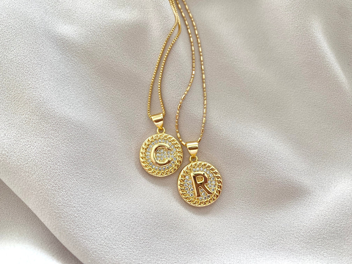 Gold Filled Letter Necklace Micro Pave Initial Pendant Coin Charm Minimalist CZ Letter Pendant Christmas Gift Paperclip Box Figaro Chain