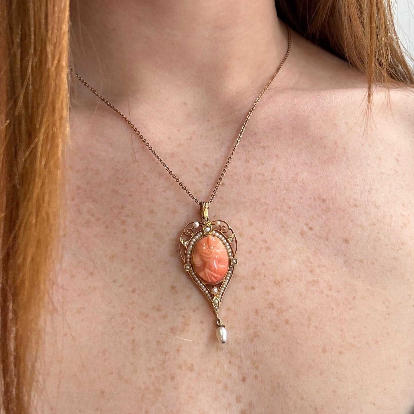 Coral Cameo & Seed Pearl Lavalier Necklace | 10k Yellow Gold | Vintage