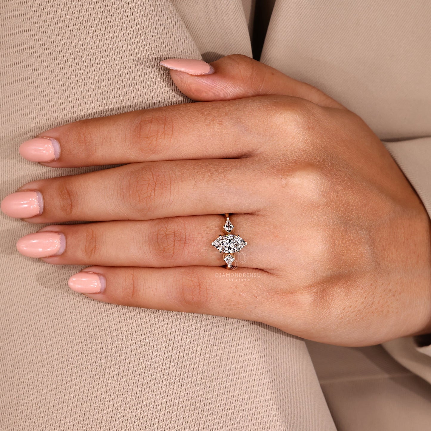 Marquise and Kite Cut Three Stone Engagement Ring