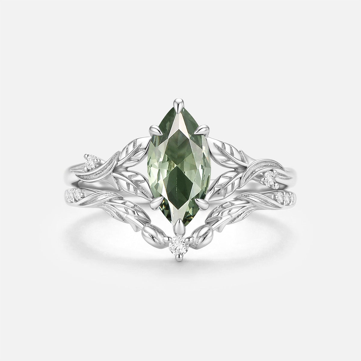 Marquise Cut Lab Green Sapphire Leafy Engagement Ring Sets - Camellia