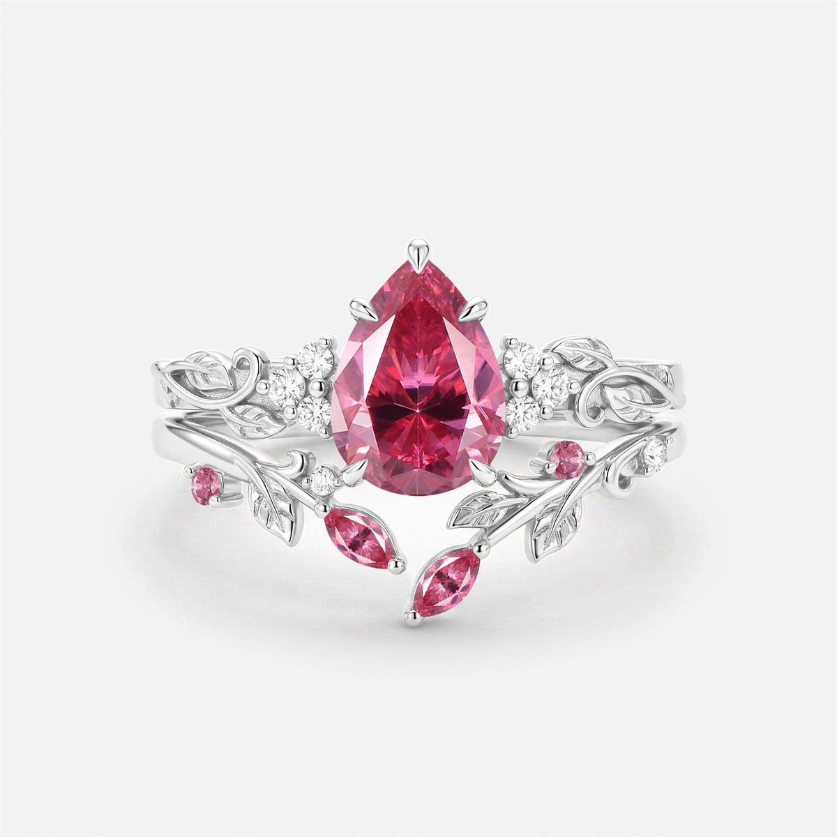 Luminous Reverie - Pear Cut Blue Moissanite Leaf Dainty Engagement Ring Sets - Stella
