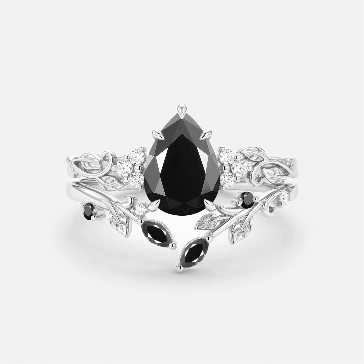Luminous Reverie - Pear Cut Blue Moissanite Leaf Dainty Engagement Ring Sets - Stella