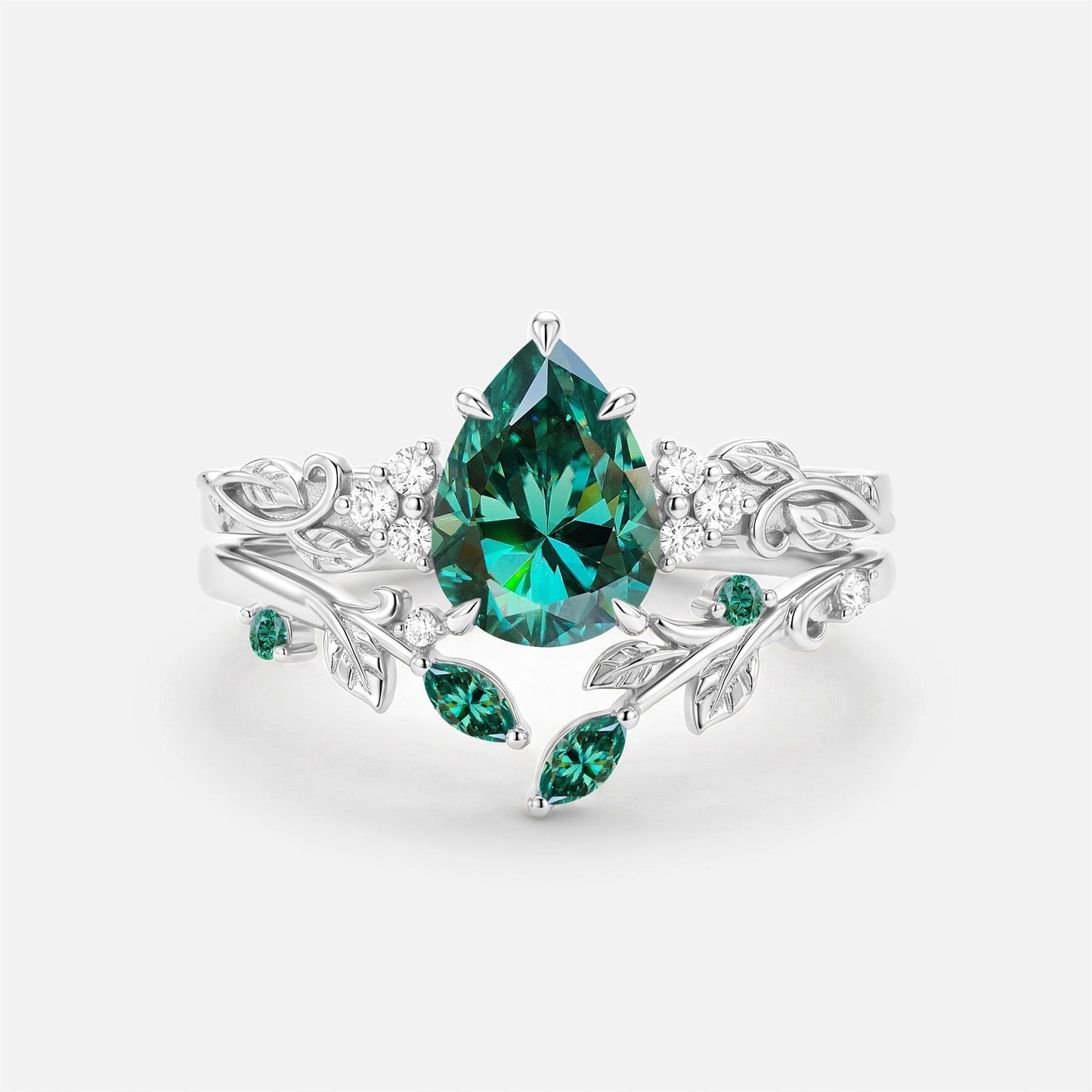 Luminous Reverie - Pear Cut Blue Moissanite Leaf Dainty Engagement Ring Sets - Stella