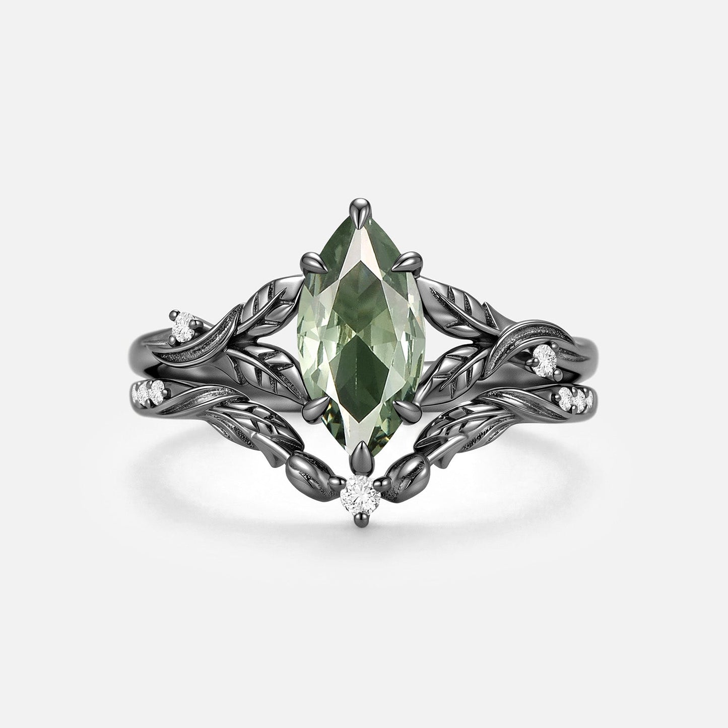 Marquise Cut Lab Green Sapphire Leafy Engagement Ring Sets - Camellia