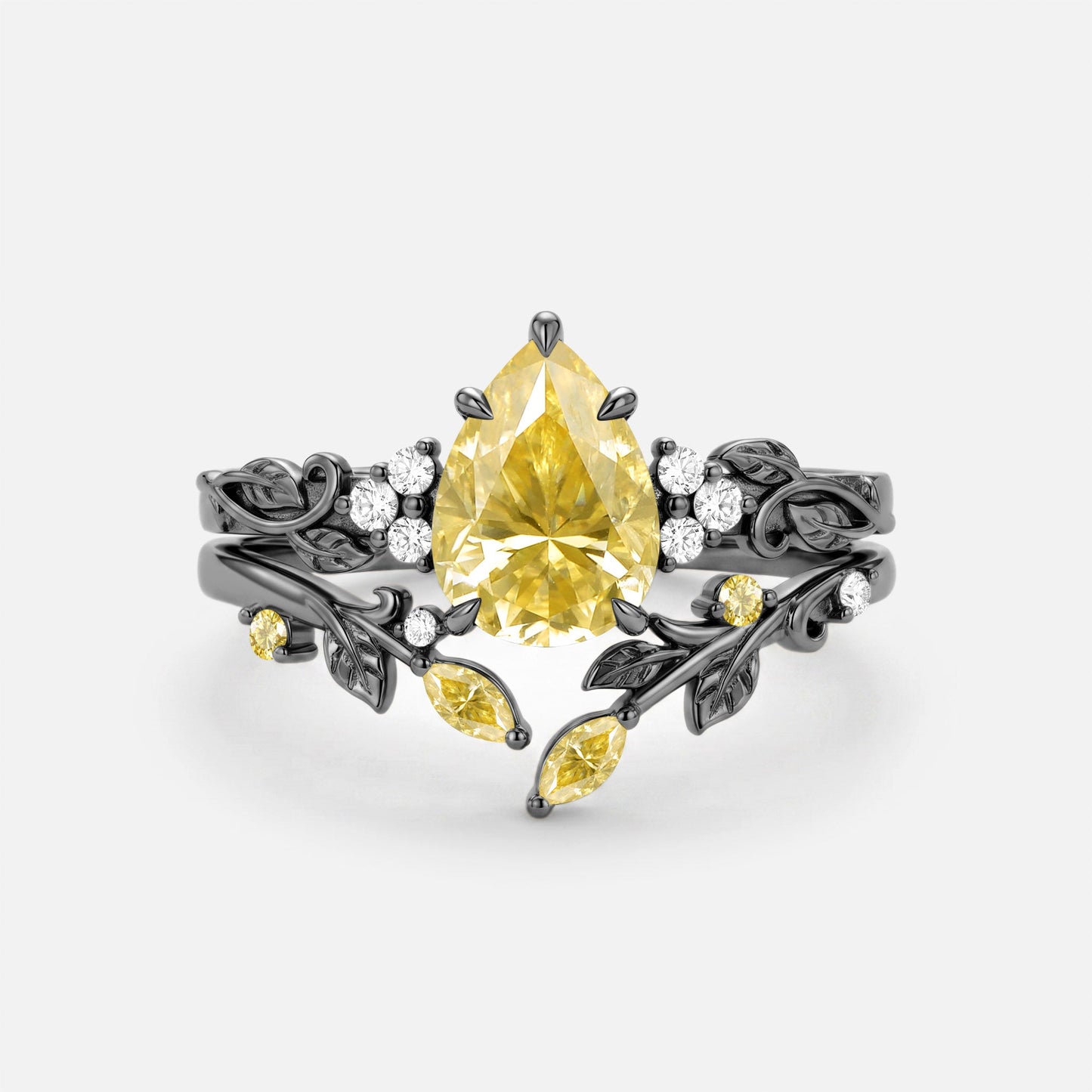 Luminous Reverie - Pear Cut Blue Moissanite Leaf Dainty Engagement Ring Sets - Stella