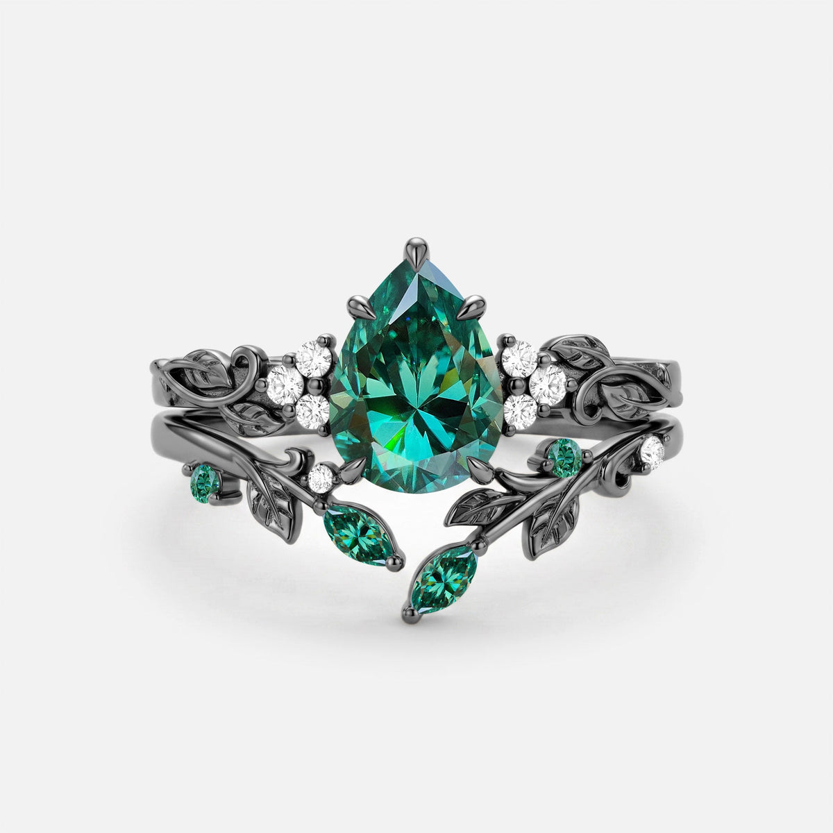 Luminous Reverie - Pear Cut Blue Moissanite Leaf Dainty Engagement Ring Sets - Stella