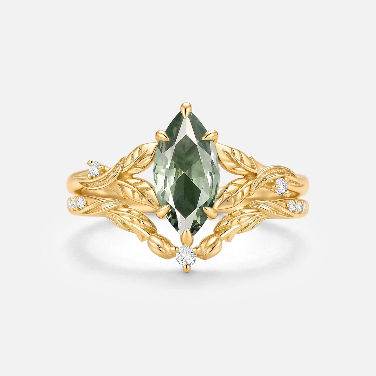 Marquise Cut Lab Green Sapphire Leafy Engagement Ring Sets - Camellia