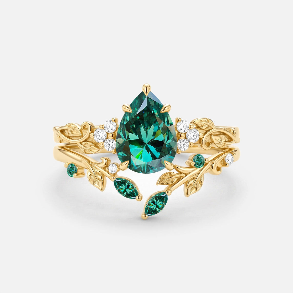 Luminous Reverie - Pear Cut Blue Moissanite Leaf Dainty Engagement Ring Sets - Stella