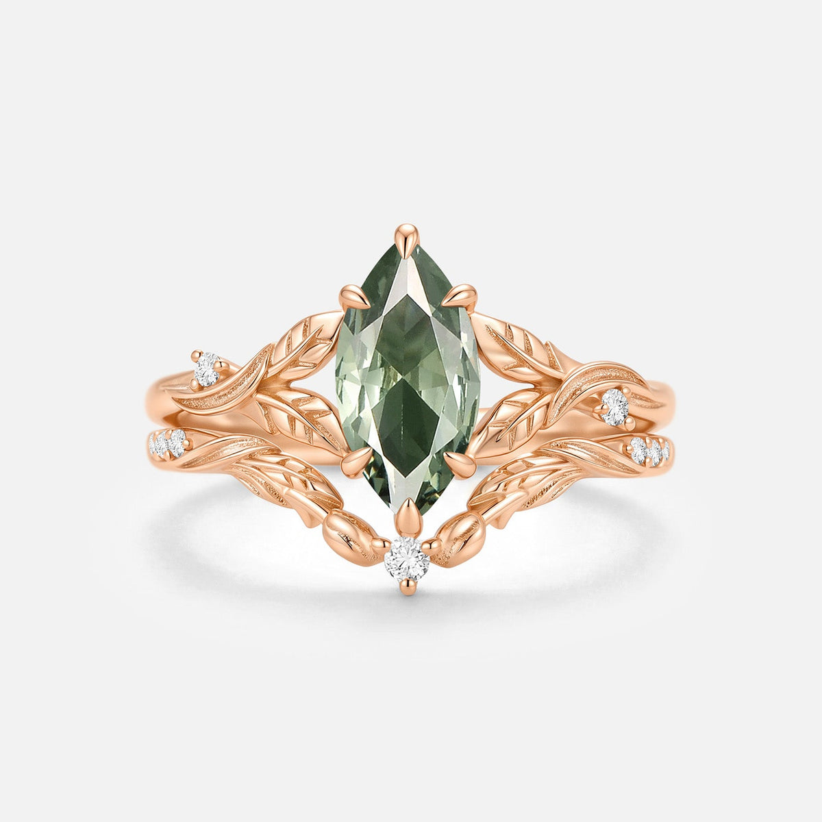 Marquise Cut Lab Green Sapphire Leafy Engagement Ring Sets - Camellia
