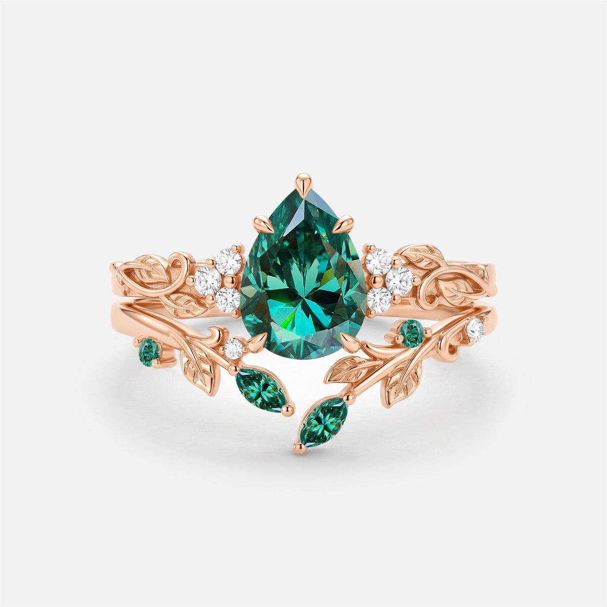 Luminous Reverie - Pear Cut Blue Moissanite Leaf Dainty Engagement Ring Sets - Stella