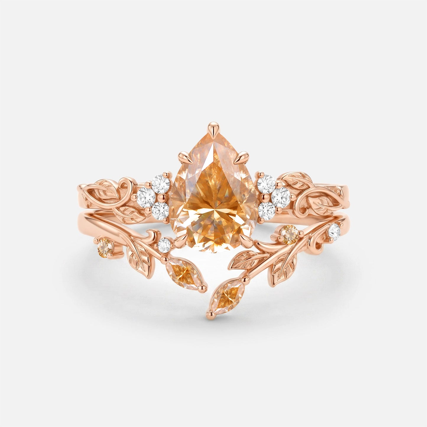Luminous Reverie - Pear Cut Blue Moissanite Leaf Dainty Engagement Ring Sets - Stella