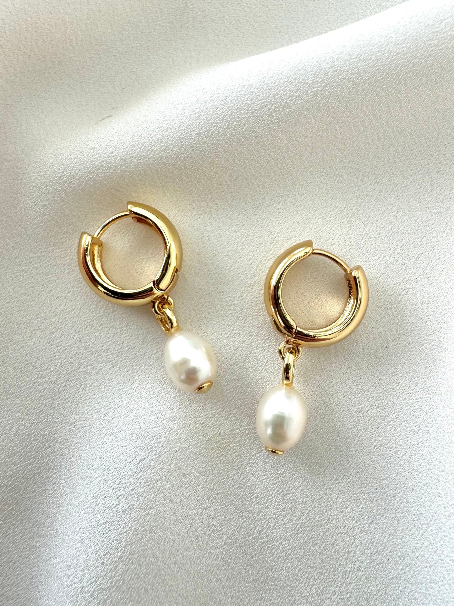 Chunky Gold Filled Hoop Huggies with Pearl Dangle Drops - June Birthstone