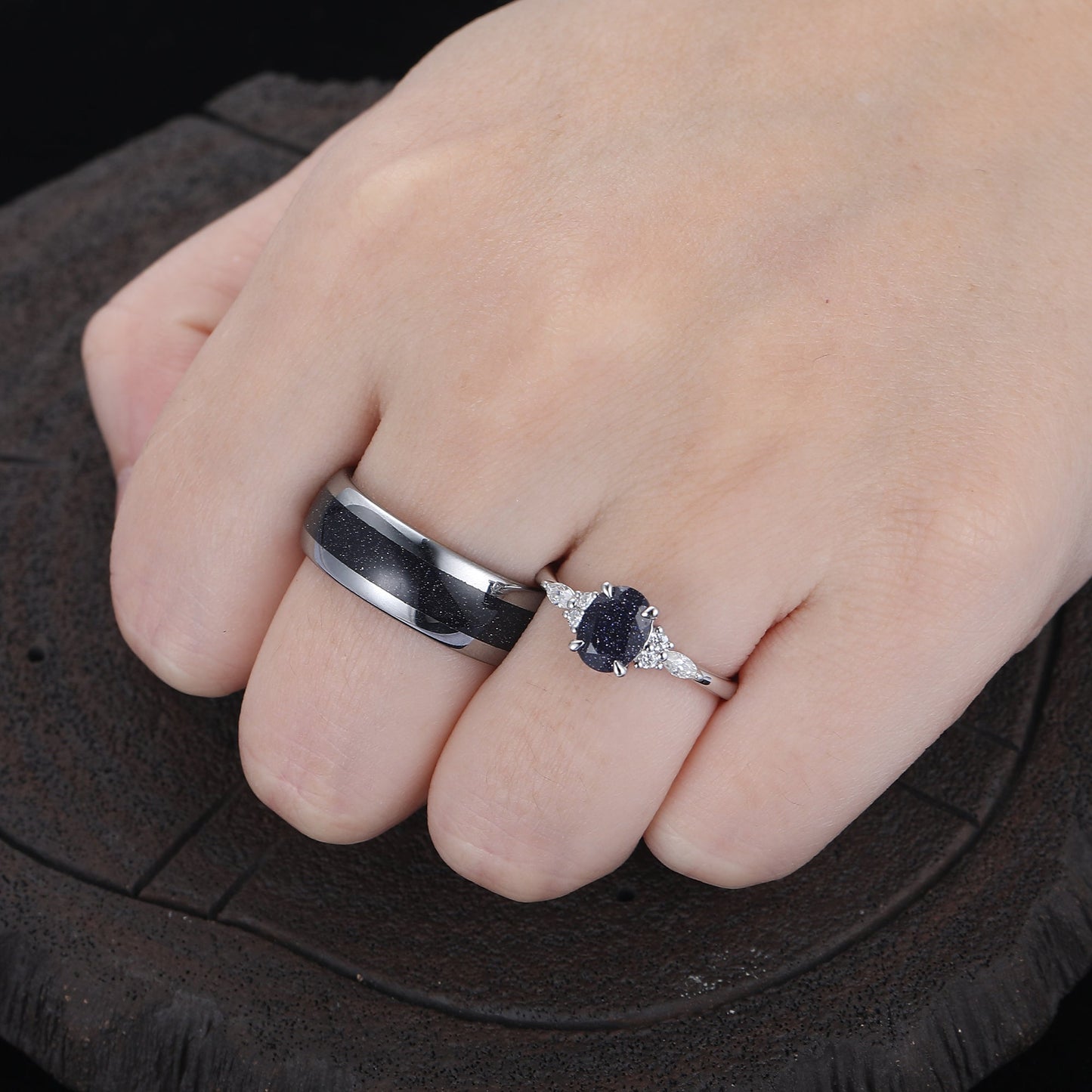 Custom Order - Exquisite Oval Blue Sandstone Accents Engagement Couples Ring Set His And Hers Wedding Bands Marriage Rings
