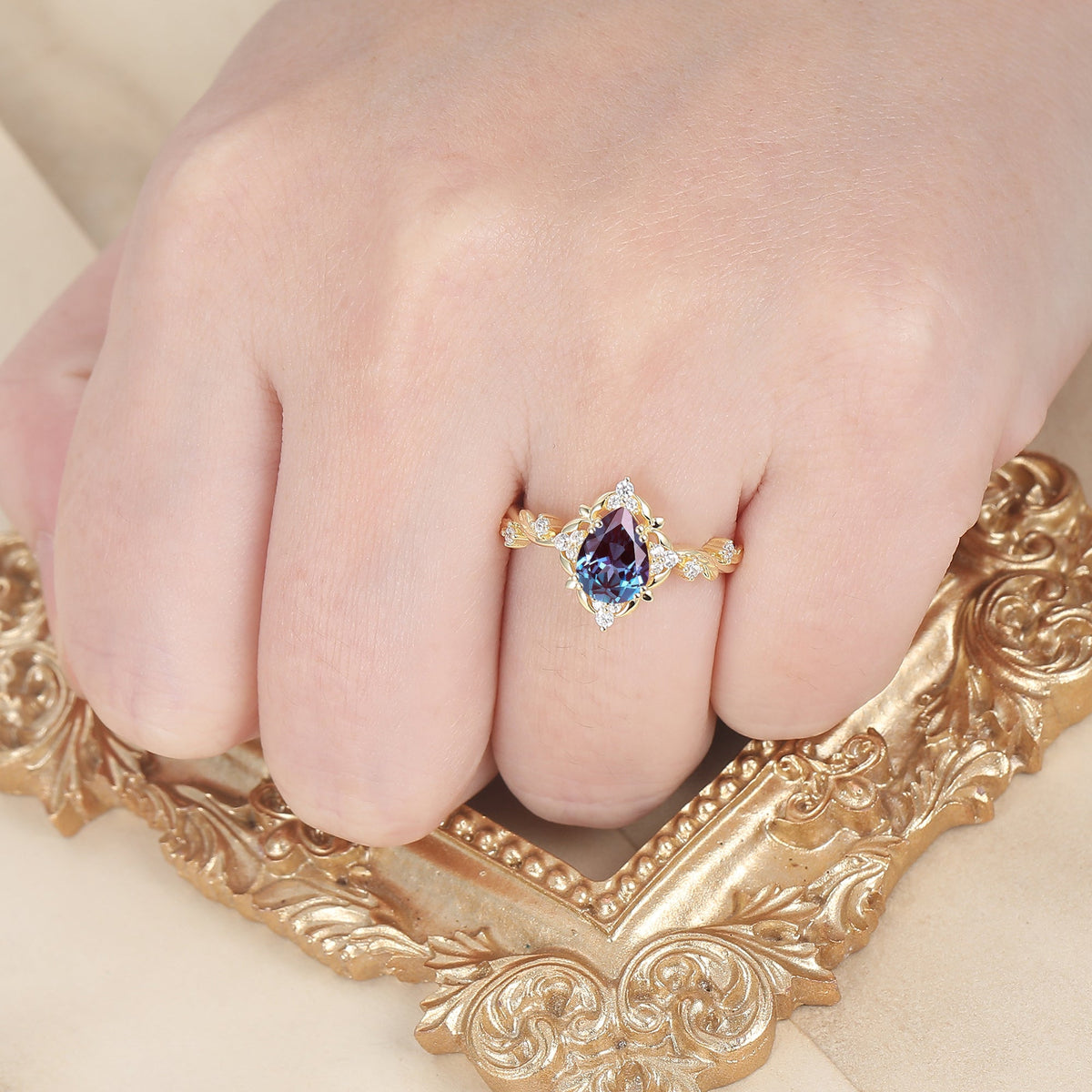 Victorian Floral Pear Cut Alexandrite Women Engagement Ring Leaf Sprig Color Change Chrysoberyl Bridal Ring