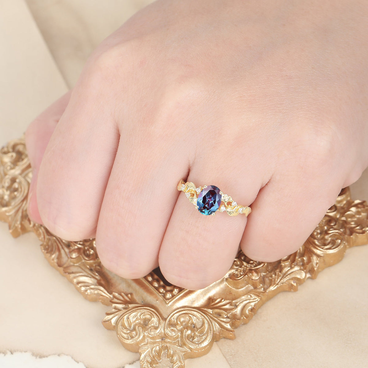 Ginkgo Leaf Inspired Oval Alexandrite Anniversary Bridal Ring Enchanted Garden Style Wedding Ring For Women