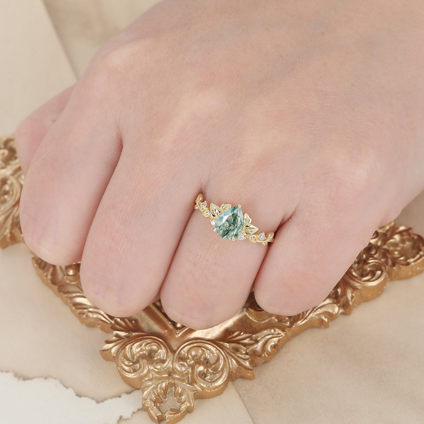 Leaf Fairycore Pear Cut Moss Agate Engagement Ring For Her Nature Inspired Women Wedding Ring