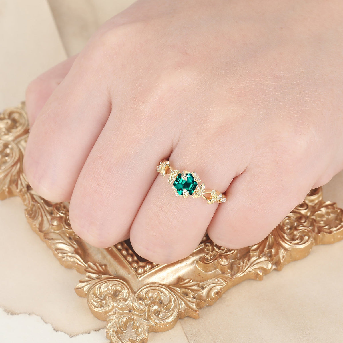 Botanical Ivy Hexagon Cut Emerald Women Engagement Ring Sculpted Leaf Emerald Wedding Ring For Her