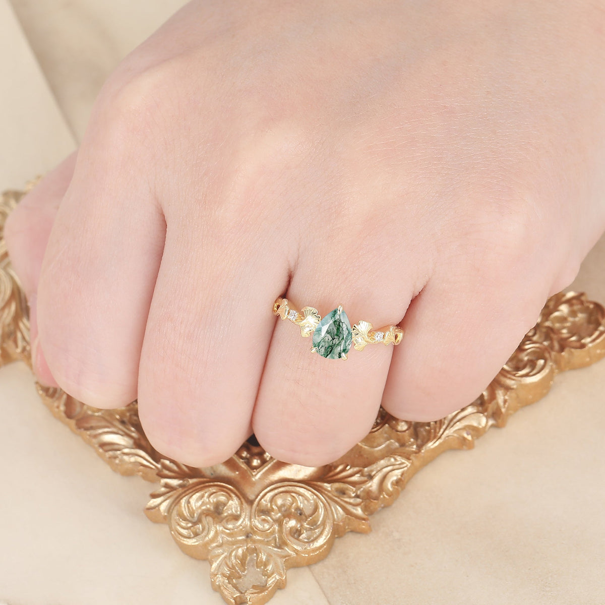 3 Claw Pear Cut Moss Agate Bridal Engagement Ring Ginkgo Leaf Heirloom Wedding Ring For Her