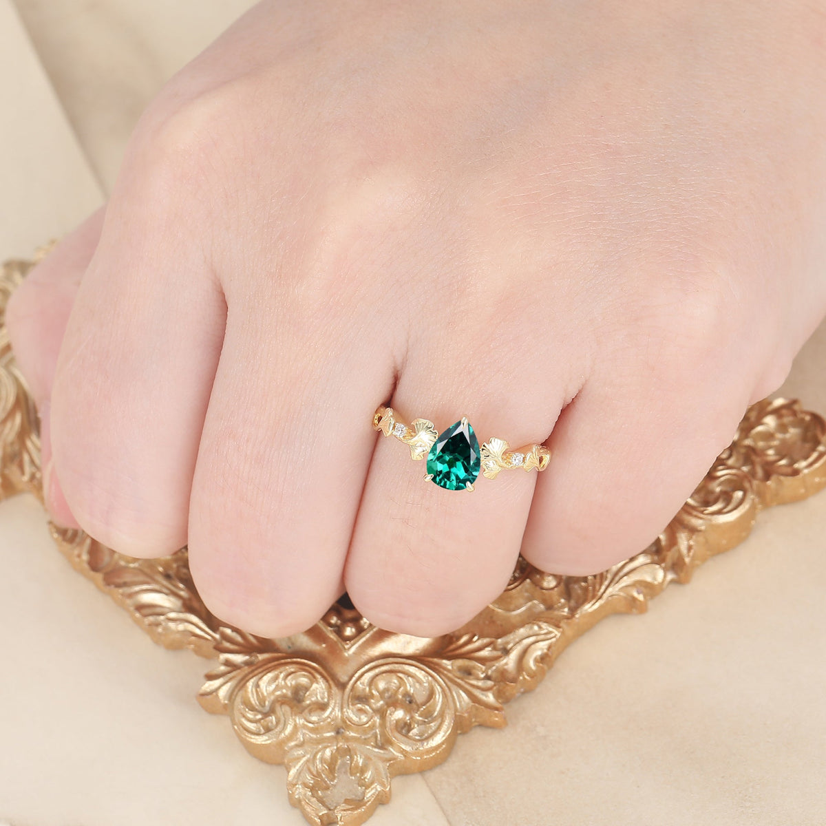 Ginkgo Foliage Pear Cut Emerald Bridal Wedding Ring Elven Heirloom Anniversary Ring For Women