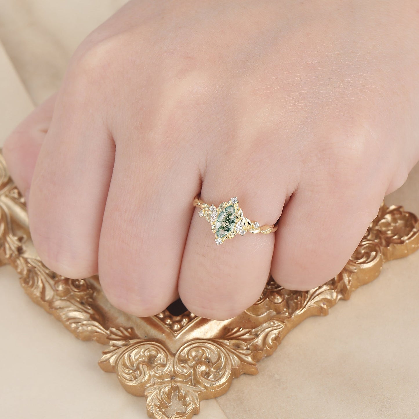 Victorian Foilage Marquise Moss Agate Bridal Ring Enchanted Forest Agate Engagement Ring For Women