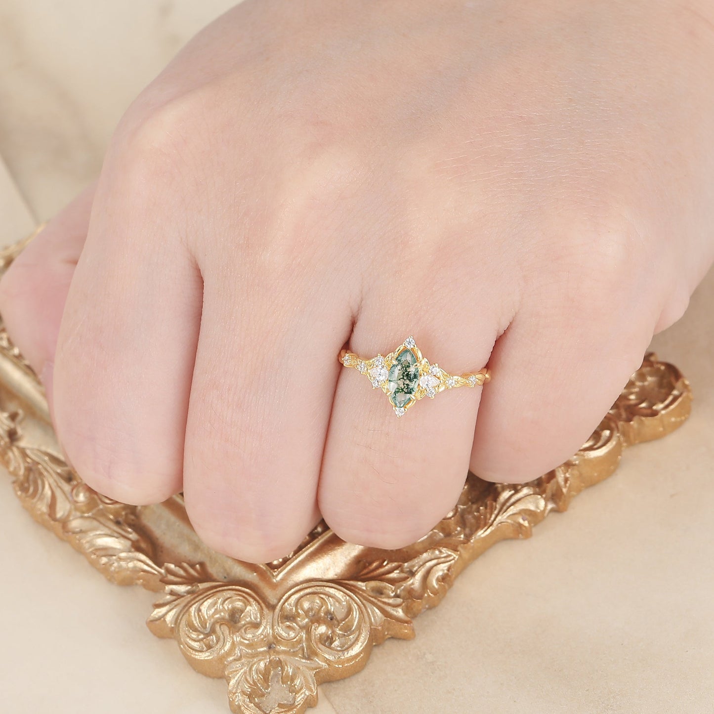 Botanical Halo Marquise Moss Agate Wedding Ring Victorian Leaf Style Engagement Ring For Her