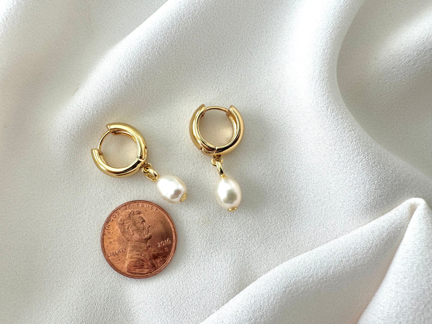 Chunky Gold Filled Hoop Huggies with Pearl Dangle Drops - June Birthstone