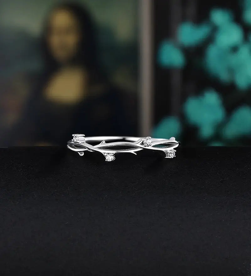 Solid Gold Moissanite Wedding Band Half Eternity Diamond Branch Twig White Gold Wedding Ring Unique Natural Inspired Stacking Ring Promise Anniversary Bridal Ring