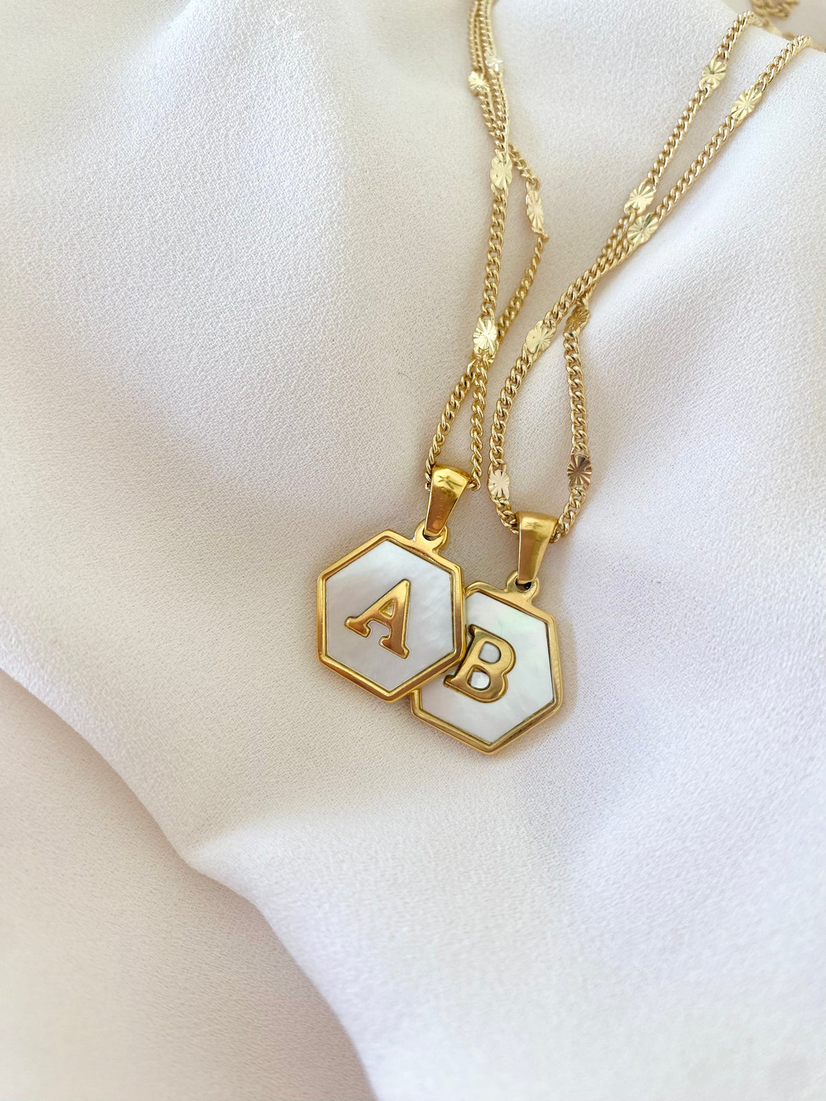 Gold Hexagon Mother of Pearl Letter Pendant Necklace - Gold Filled Chain - Customizable Gifts
