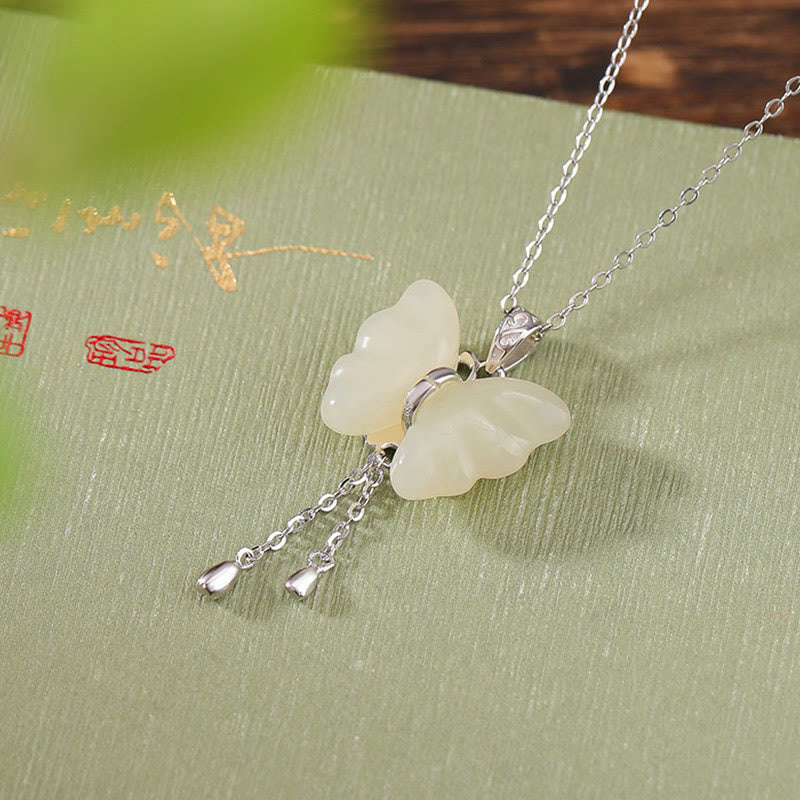 Fortune Jewel 925 Sterling Silver Plated Gold Hetian White Jade Butterfly Blessing Necklace Pendant