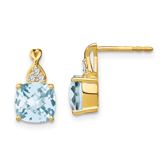 14KY Checkerboard Aquamarine & Diamond Accent Earring