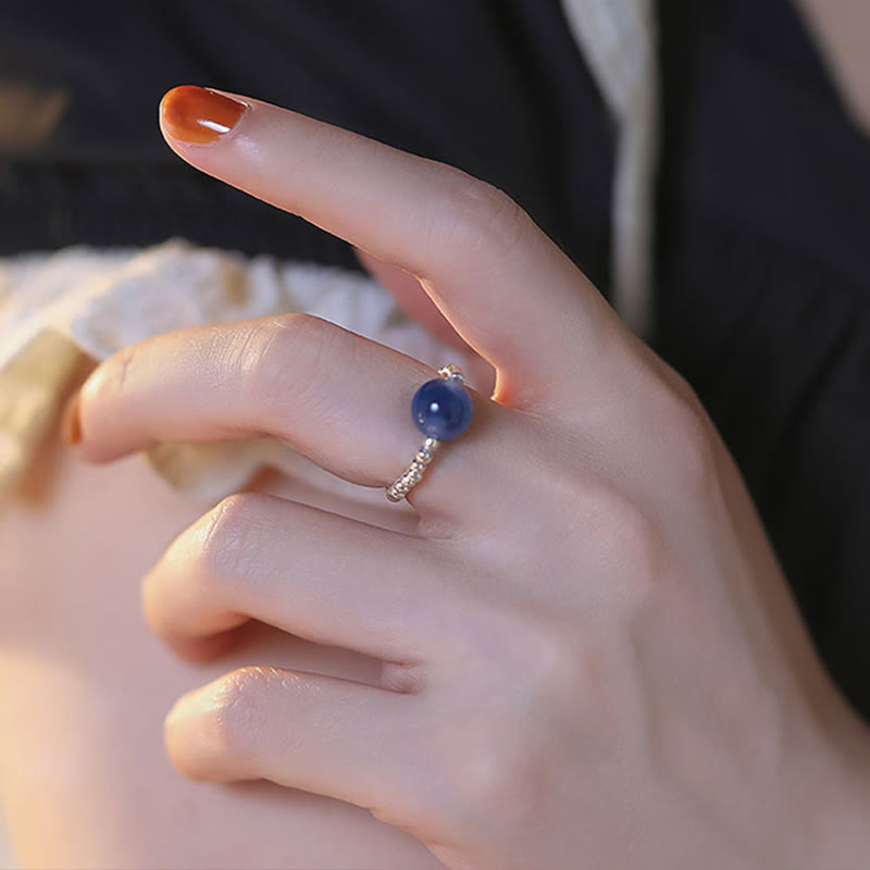 Fortune Jewel 925 Sterling Silver Blue Candy Agate Healing Bead Ring