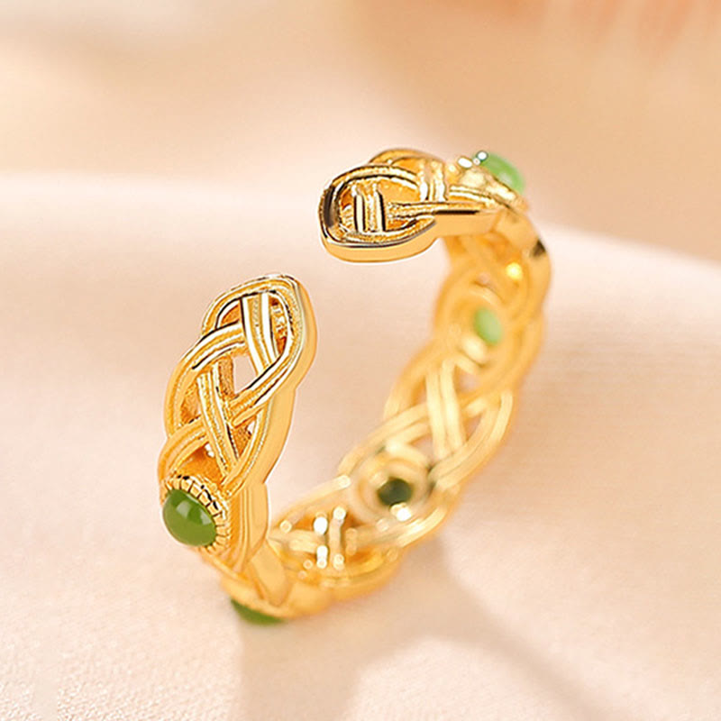 Fortune Jewel 925 Sterling Silver Plated Gold Cyan Jade Braided Design Success Luck Adjustable Ring