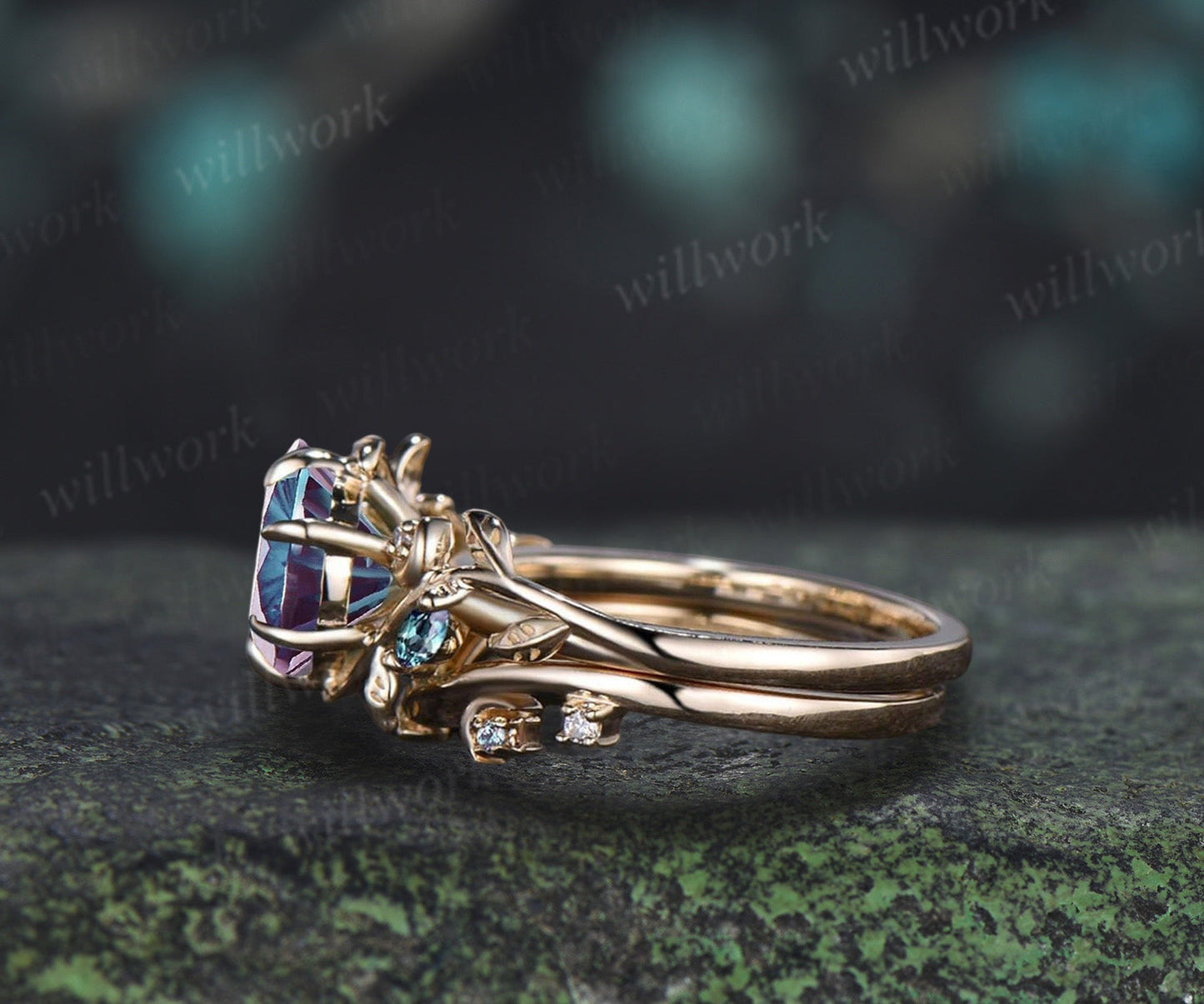 1CT Fireworks Cut Alexanrite Ring Set Leaf Vine Art Deco Moon Promise Ring Diamond Alexandrite Wedding Band Vintage Bridal Set