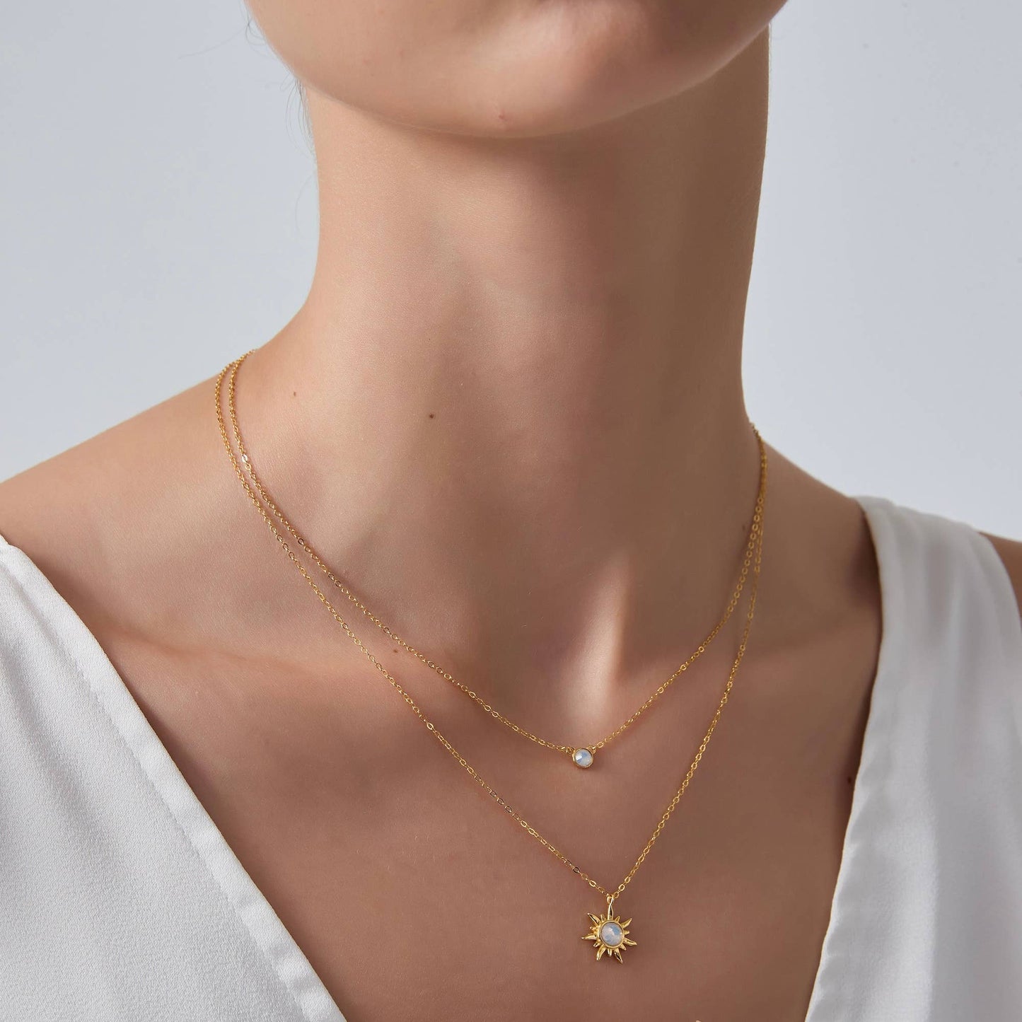 Opal Sun Moon Double Chain Necklace in 925 Sterling Silver: Gold