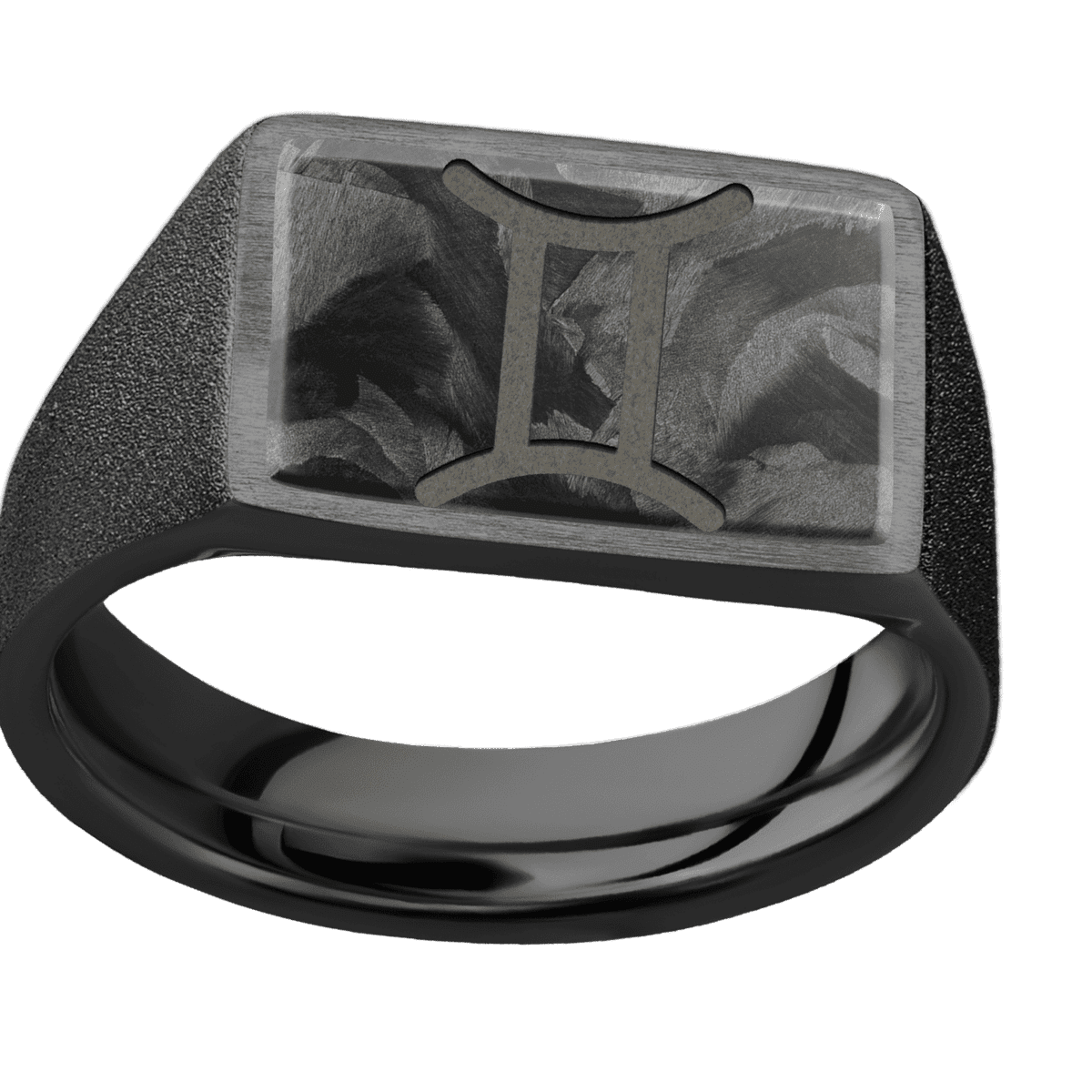 Medium Horizontal Rectangle signet ring (16x11.5mm) in Zirconium, with a Wide style band, a Forged Carbon Fiber inlay and a GEMINI engraving.