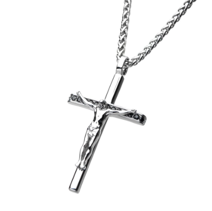 Stainless Steel Jesus Christ Crucifix Necklace with Black Cubic Zirconia