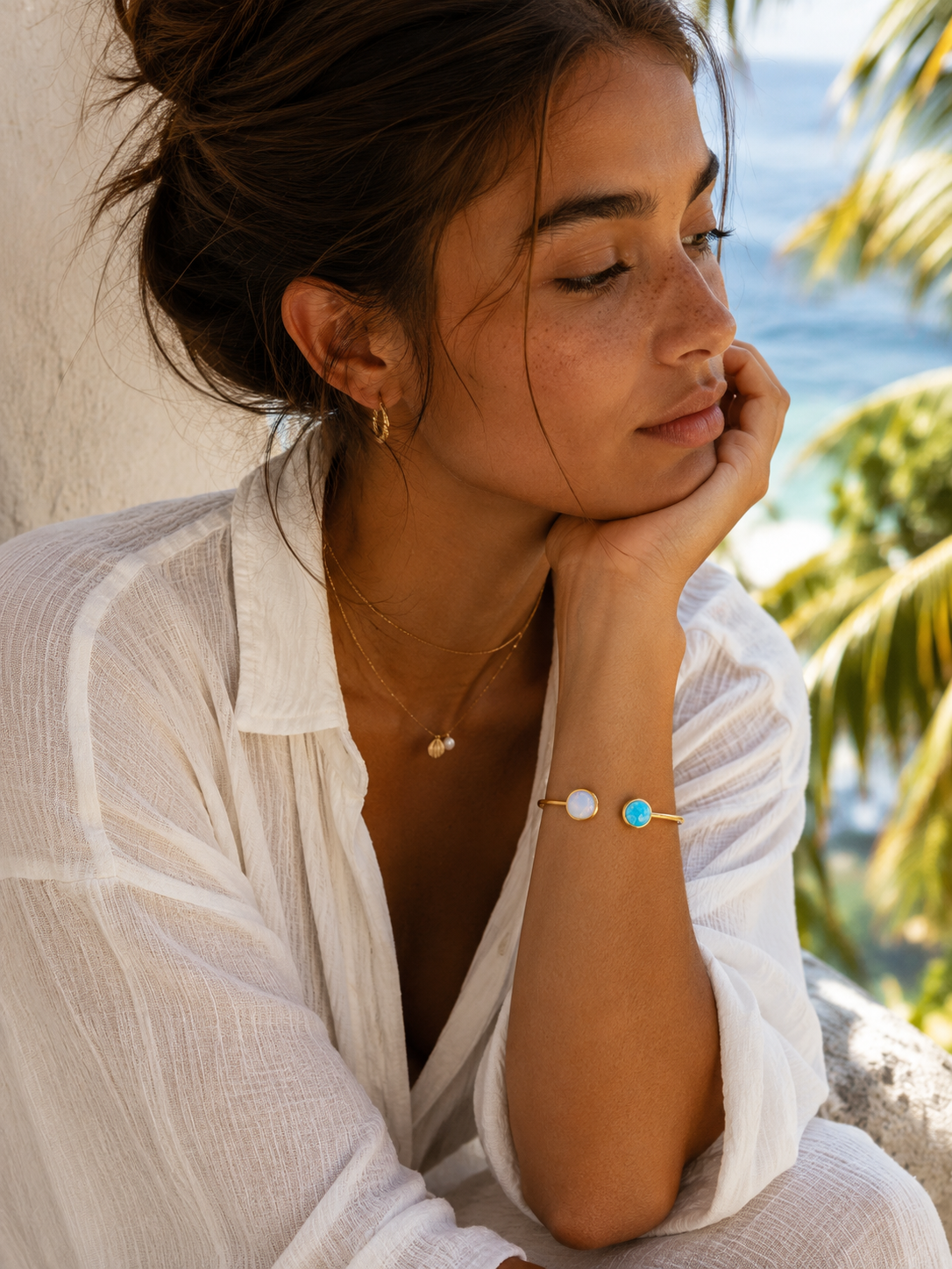 Bracelet Jonc Lagune | Opale Irisée & Larimar Turquoise – Plaqué Or 24k - Univers Larimar