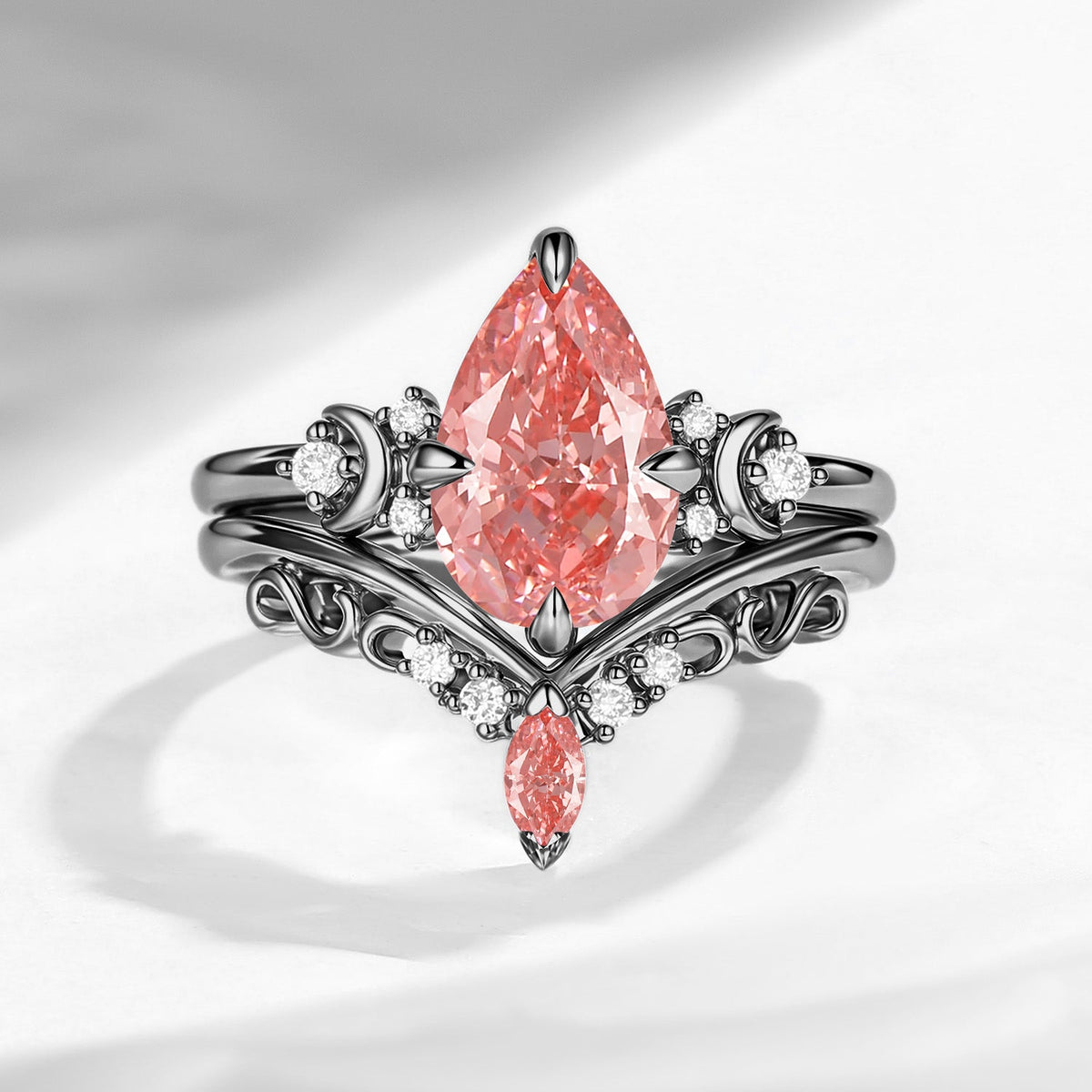 Crescent Moon | Pear Shaped Art Deco Lab Pink Diamond Engagement Ring Set 2pcs