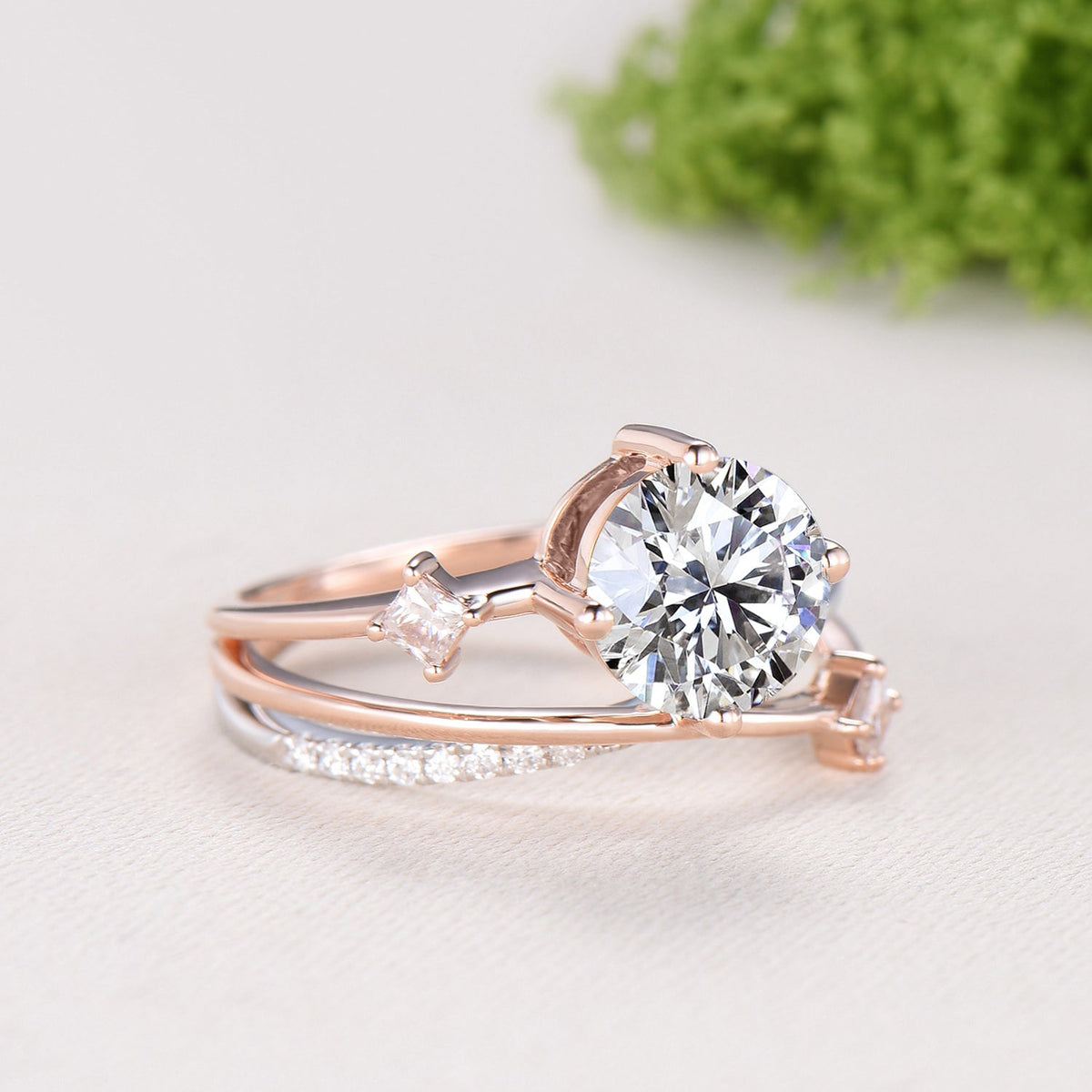 Unique Two Tone Moissanite Engagement Ring 7mm Round Cut Split Shank Rose White Gold Wedding Ring Twisted Diamond Band Anniversary Gift
