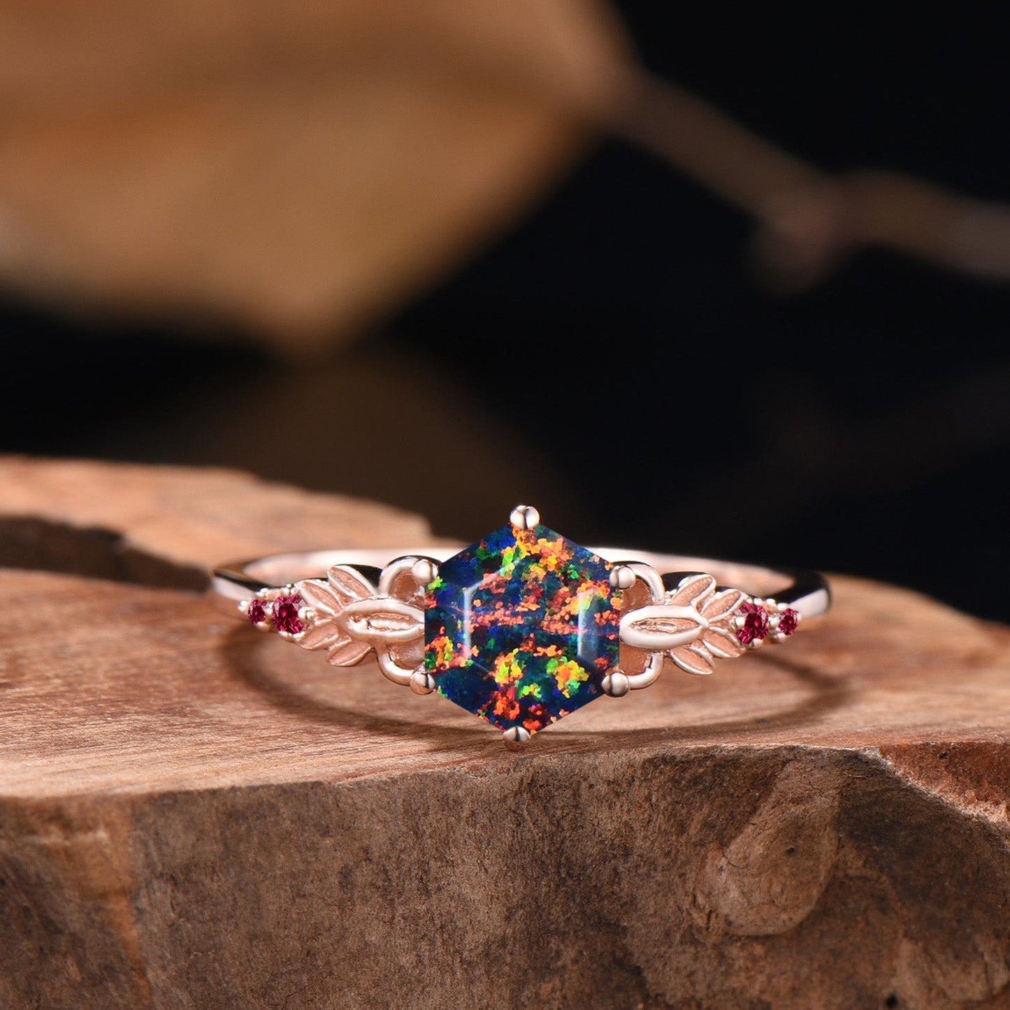 Nature Inspired Balck Fire Opal Engagement Ring Set Flower Leaf Vine Moissanite Wedding Set