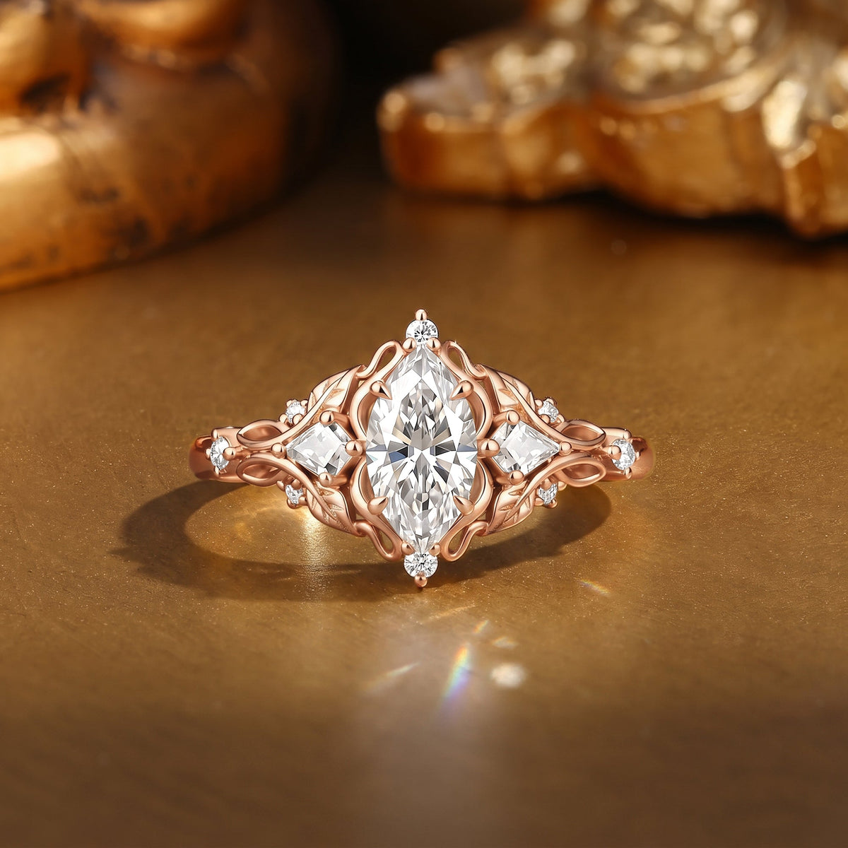 Nature Inspired Marquise Cut Moissanite Unique Leafy Engagement Ring - Nell