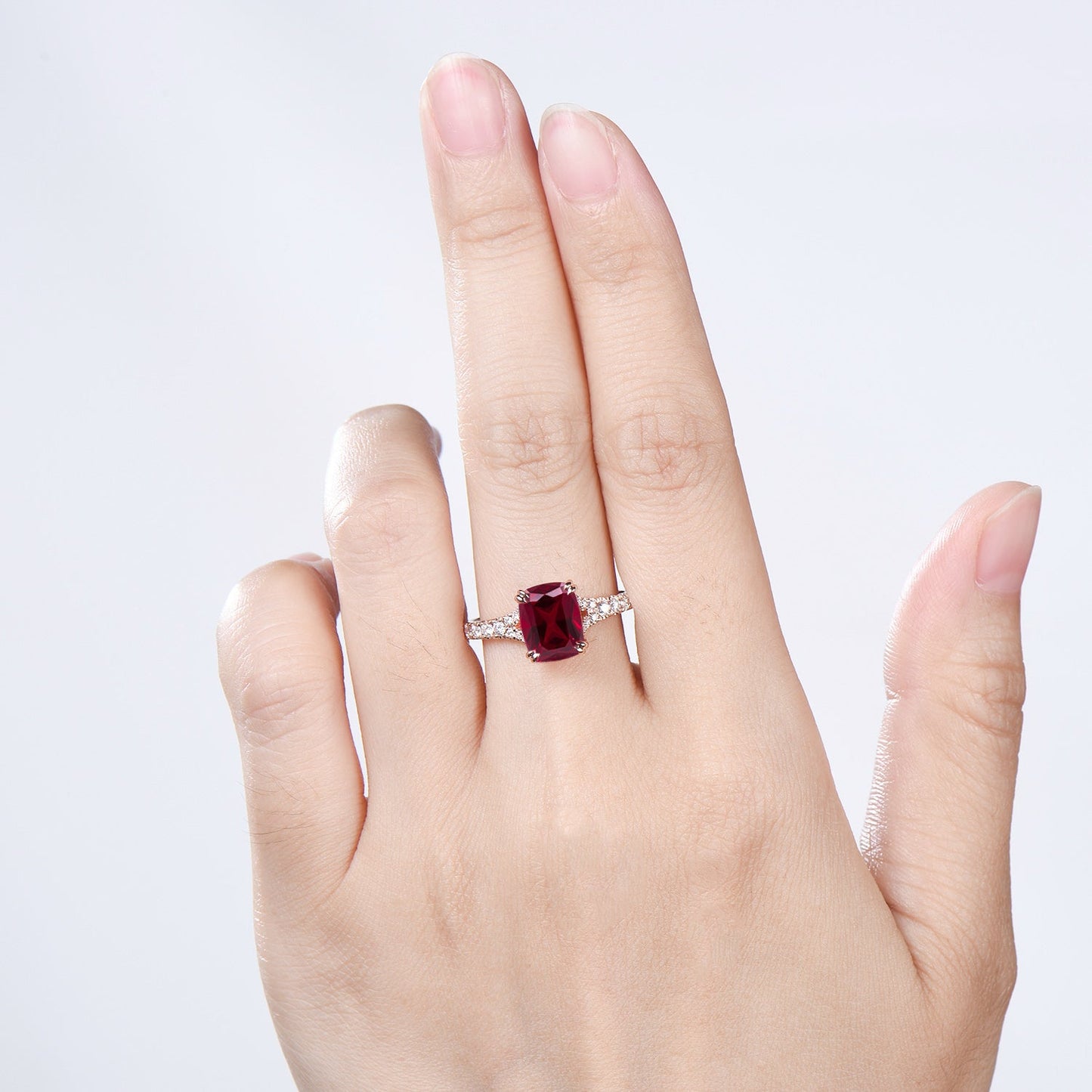 Cushion Ruby Engagement Ring, 14K Rose Gold Pave Diamond Split Shank, 8-Prong Anniversary Ring
