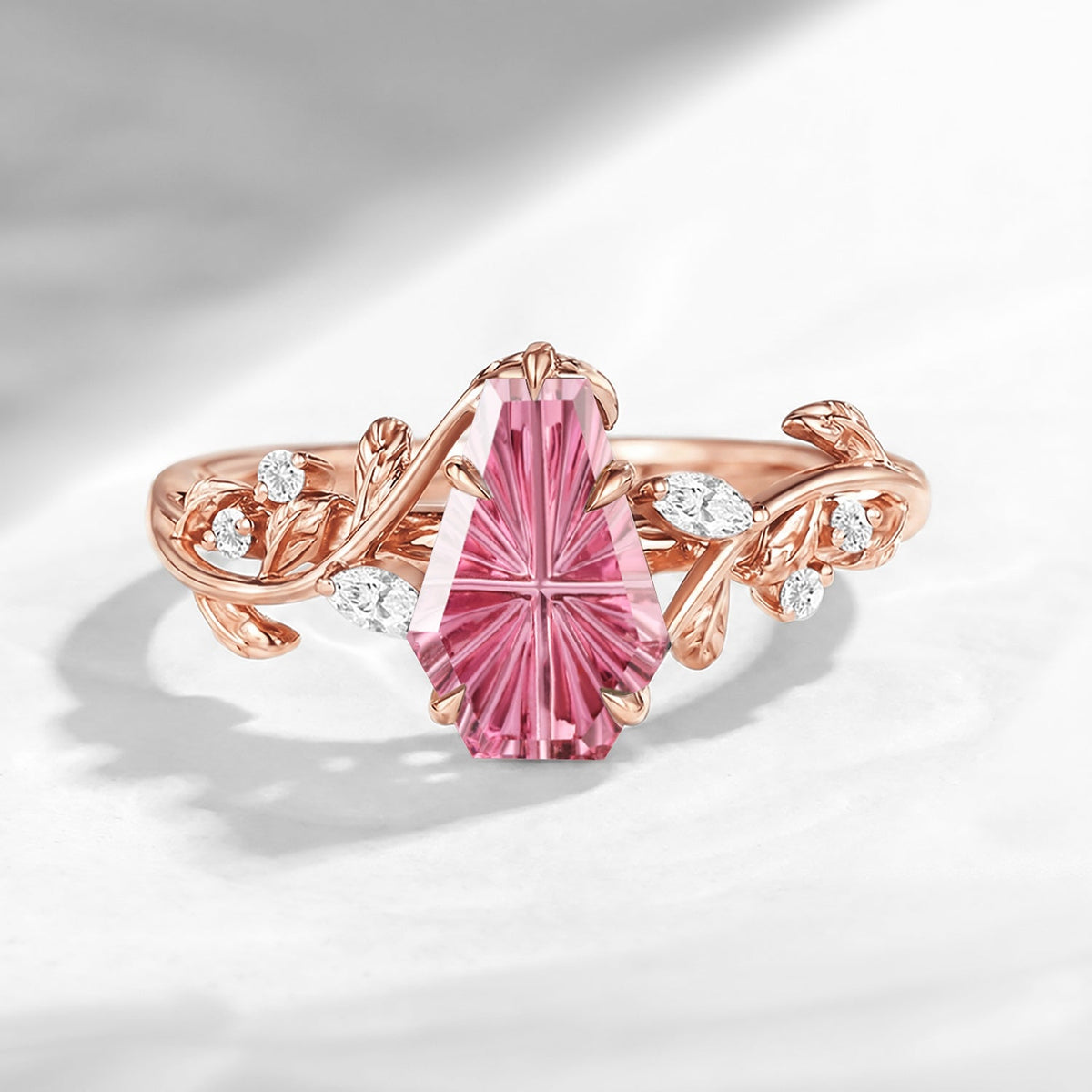 Nature Inspired Fantasy Carved Coffin Natural Pink Tourmaline Unique Leaf Vine Engagement Ring