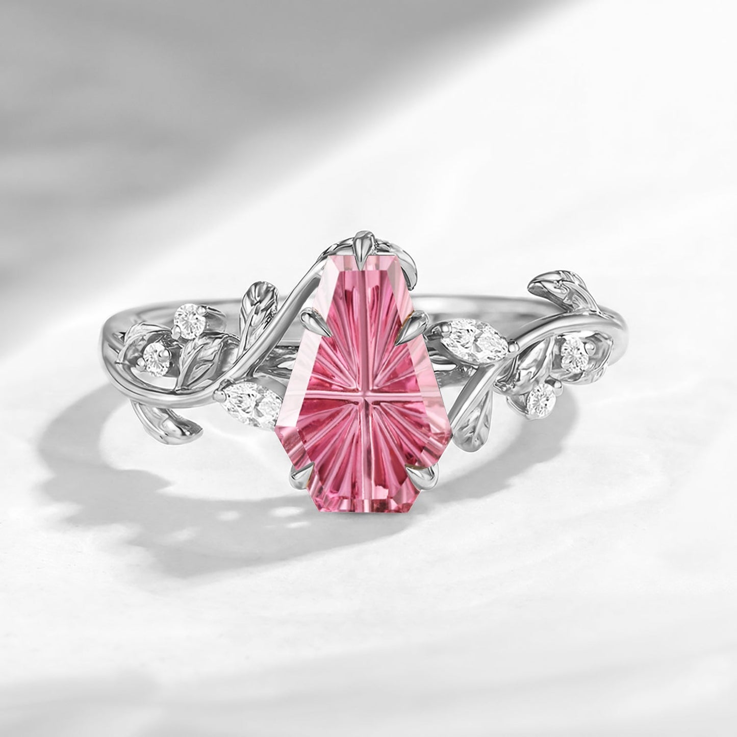 Nature Inspired Fantasy Carved Coffin Natural Pink Tourmaline Unique Leaf Vine Engagement Ring