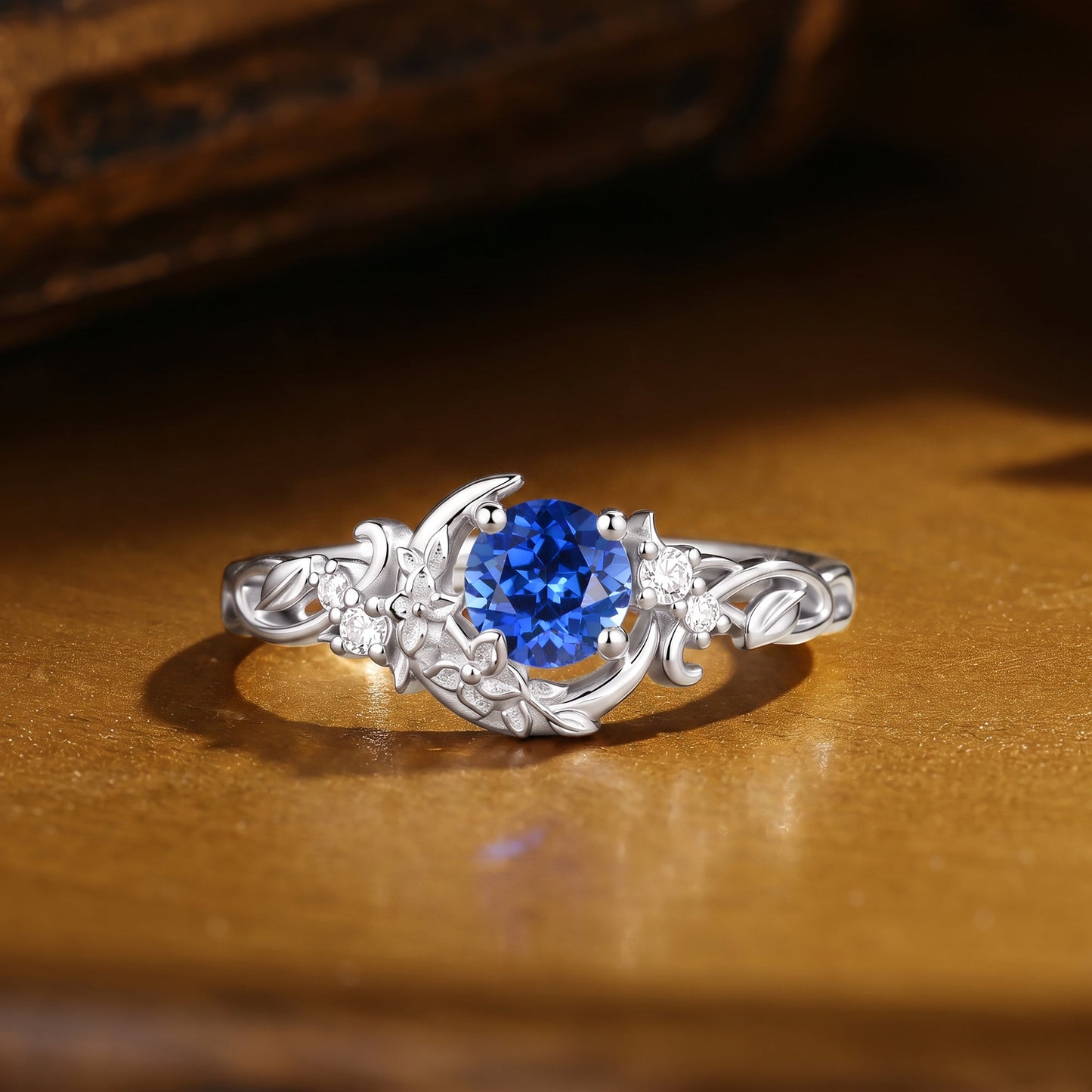Leafy Flower & Crescent Moon Round Cut Blue Sapphire Engagement Ring - Lyric