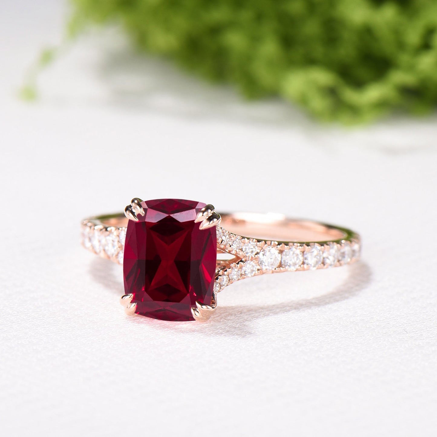 Cushion Ruby Engagement Ring, 14K Rose Gold Pave Diamond Split Shank, 8-Prong Anniversary Ring