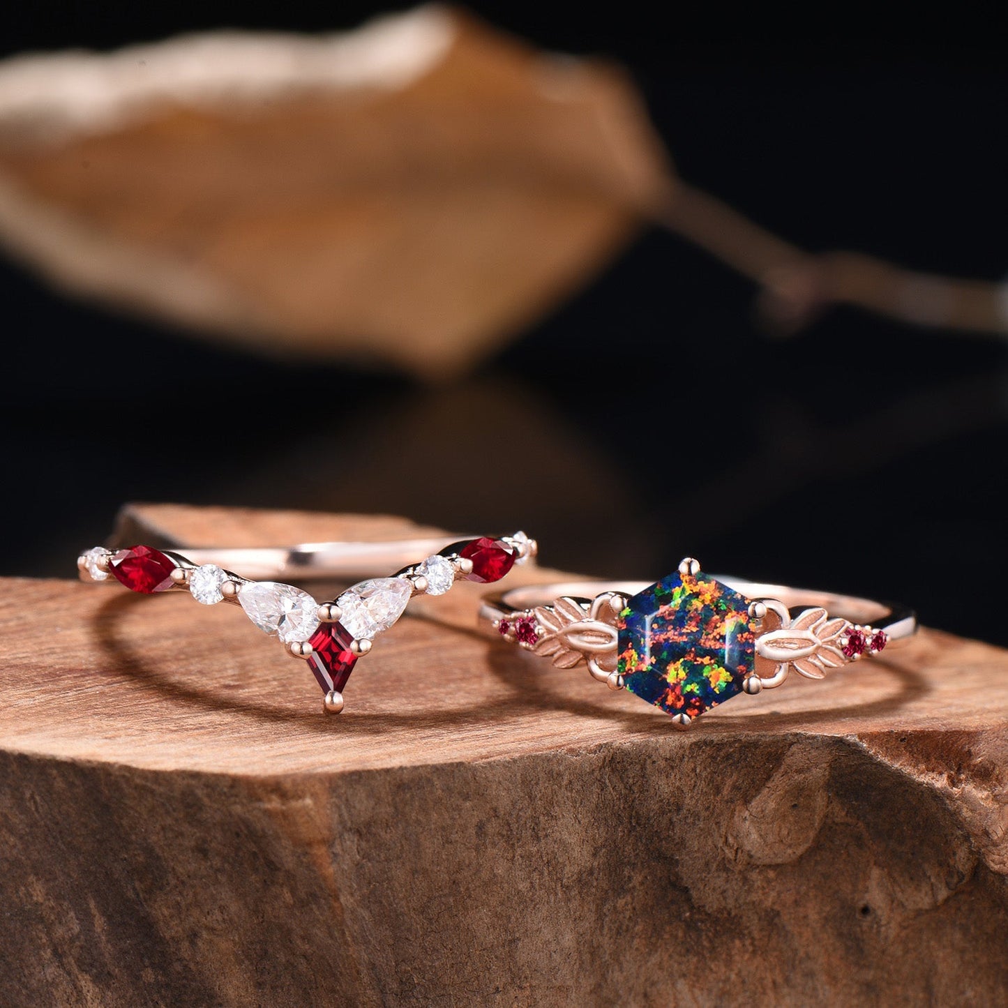 Nature Inspired Balck Fire Opal Engagement Ring Set Flower Leaf Vine Moissanite Wedding Set