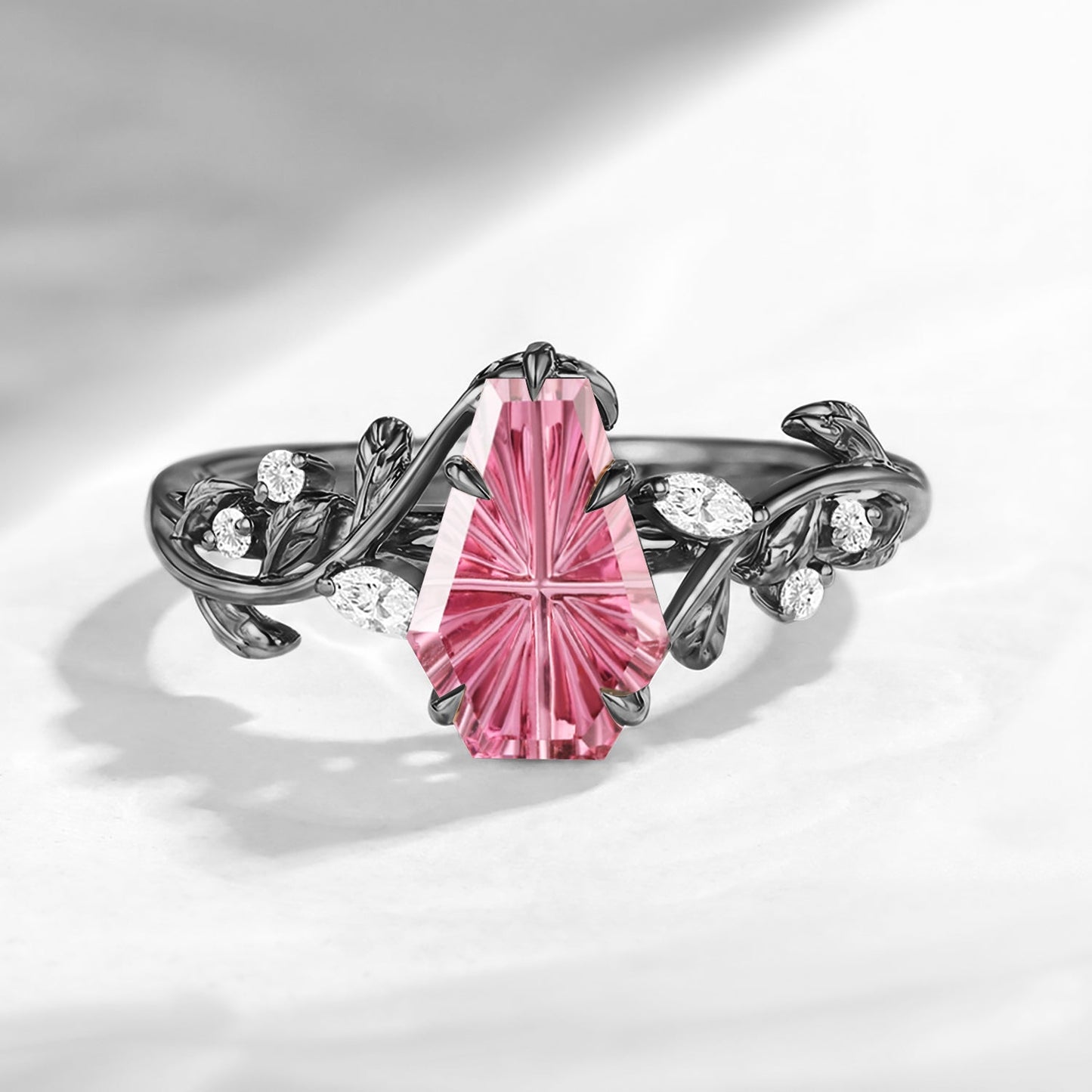 Nature Inspired Fantasy Carved Coffin Natural Pink Tourmaline Unique Leaf Vine Engagement Ring