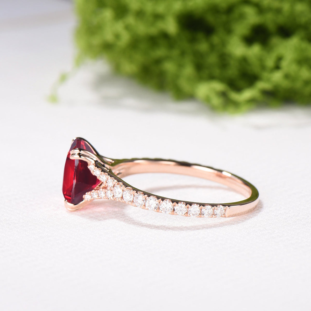 Cushion Ruby Engagement Ring, 14K Rose Gold Pave Diamond Split Shank, 8-Prong Anniversary Ring
